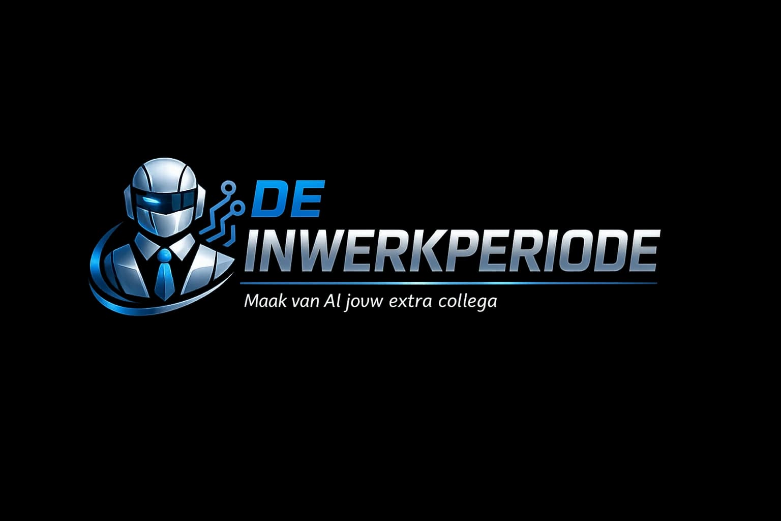 Logo van De Inwerkperiode met een zilveren robot in pak, blauwe tekst en de tagline Maak van AI jouw extra collega.