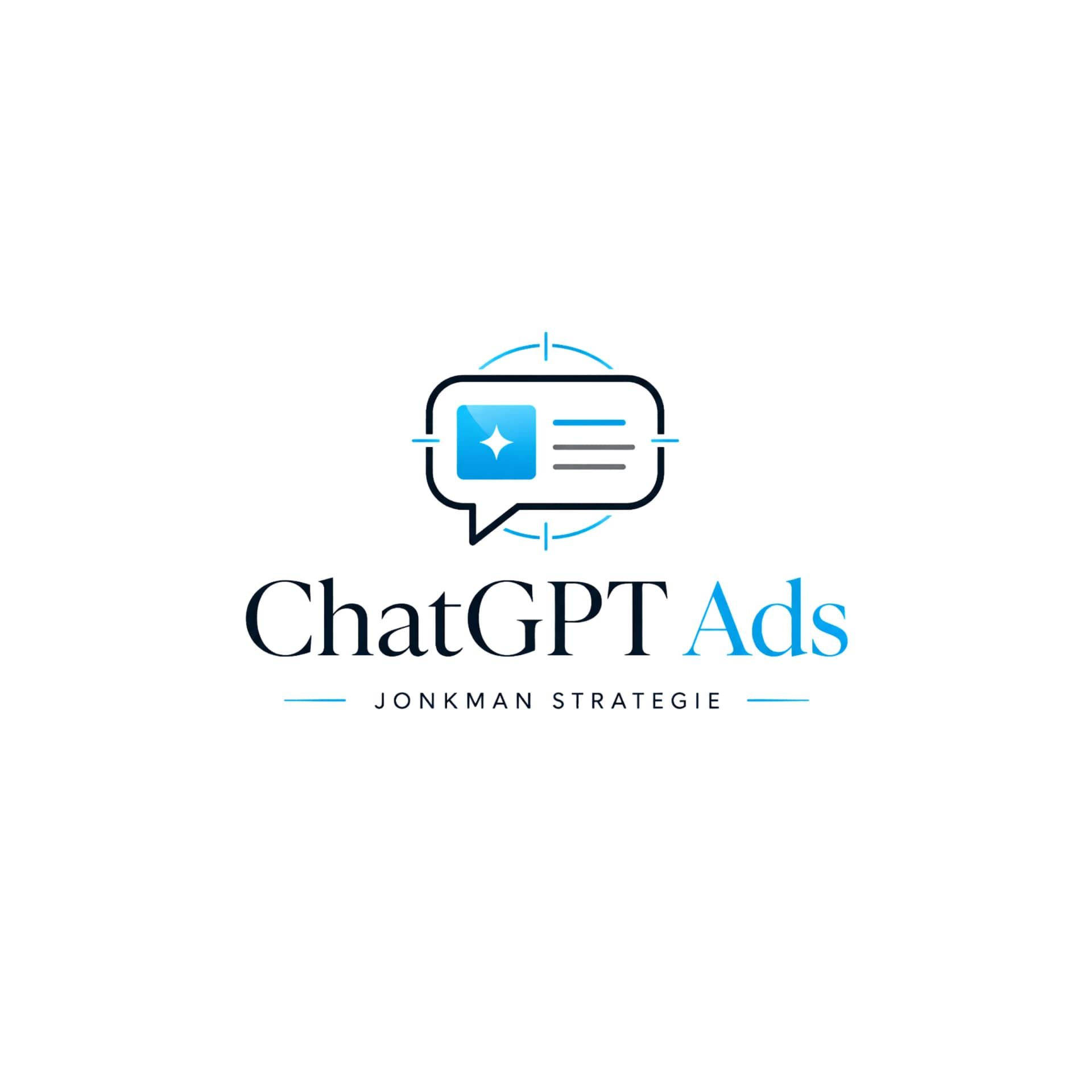 Logo van ChatGPT Ads door Jonkman Strategie met een blauw chatballonpictogram en een dradenkruis op witte achtergrond.